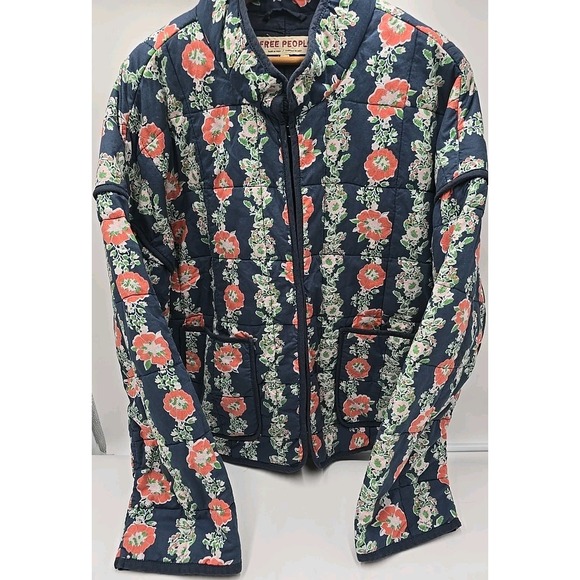 Free People Chloe Floral-Print Quilted Cotton Jacket Blue M Cottagecore Y2K - Picture 3 of 9